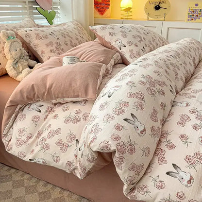 Floral cream and peach double layer cotton quilt cover set bedroom