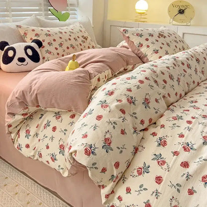 Floral cream and peach double layer cotton quilt cover set bedroom