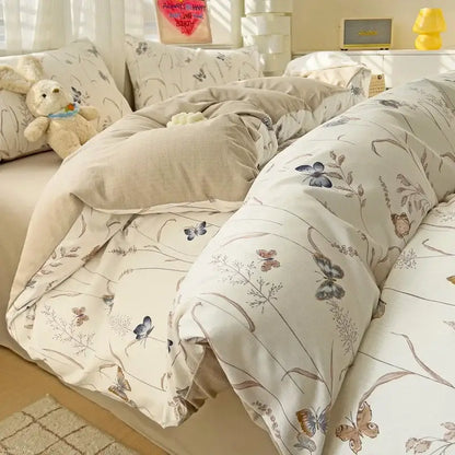 Floral cream and peach double layer cotton quilt cover set bedroom
