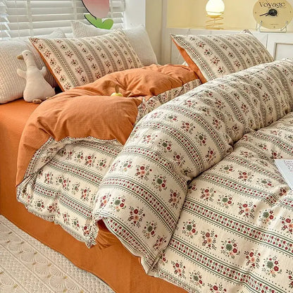 Floral cream and peach double layer cotton quilt cover set bedroom