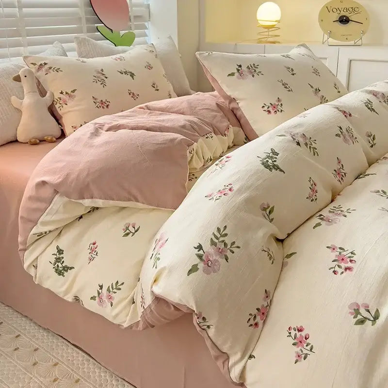 Floral cream and peach double layer cotton quilt cover set bedroom