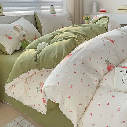 Floral cream and peach double layer cotton quilt cover set bedroom