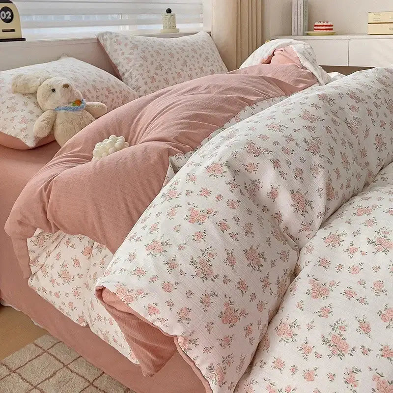 Floral cream and peach double layer cotton quilt cover set bedroom