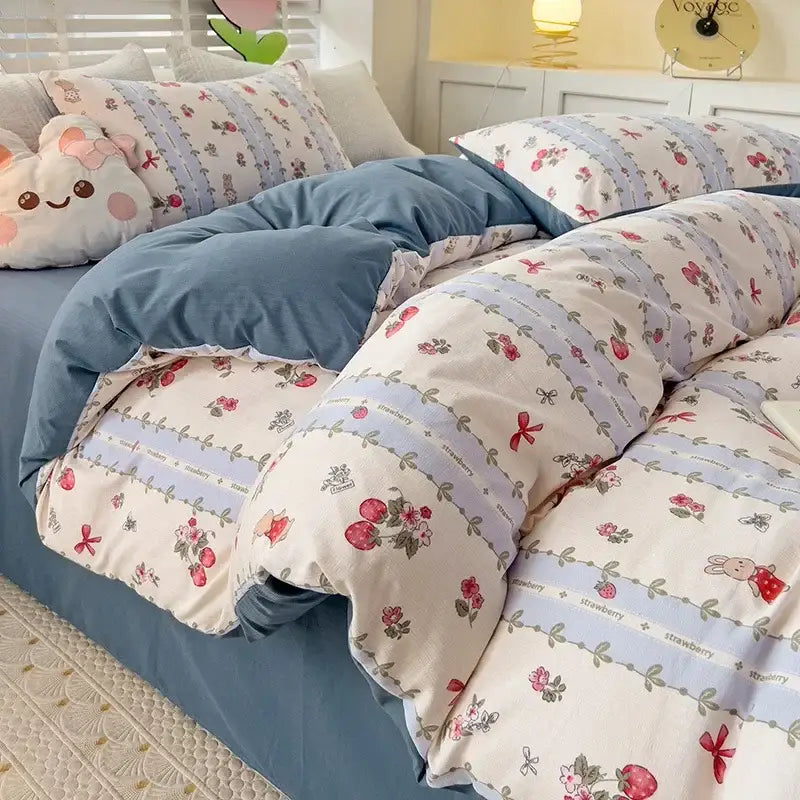 Floral cream and peach double layer cotton quilt cover set bedroom