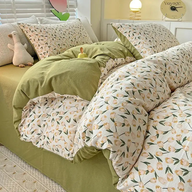 Floral cream and peach double layer cotton quilt cover set bedroom