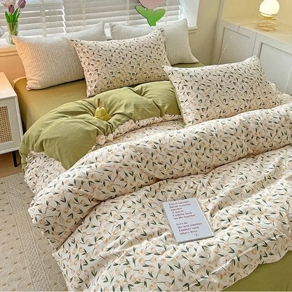 Floral cream and peach double layer cotton quilt cover set bedroom