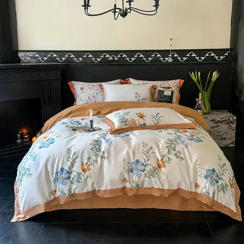 Floral cream & caramel egyptian cotton bedding set bedroom duvet cover