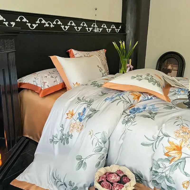 Floral cream & caramel egyptian cotton bedding set bedroom duvet cover