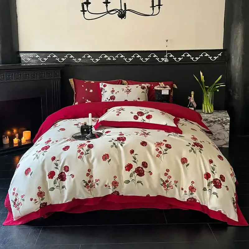 Floral cream & caramel egyptian cotton bedding set bedroom duvet cover