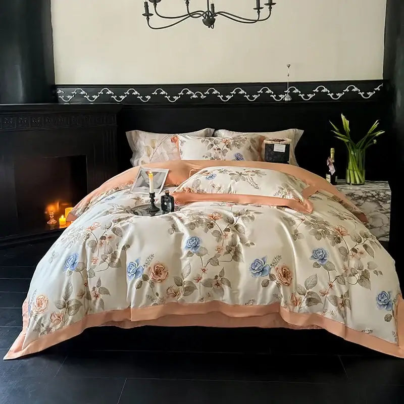 Floral cream & caramel egyptian cotton bedding set bedroom duvet cover