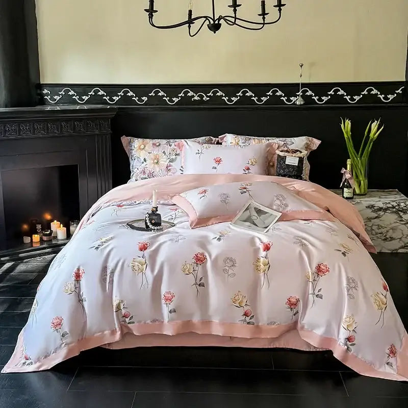 Floral cream & caramel egyptian cotton bedding set bedroom duvet cover