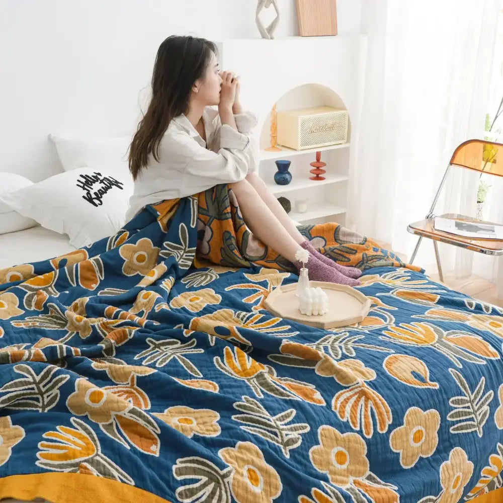 Floral cream double gauze cotton summer blanket bedroom decor