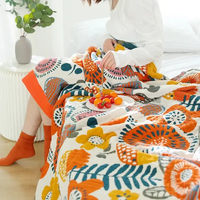 Floral cream double gauze cotton summer blanket bedroom decor