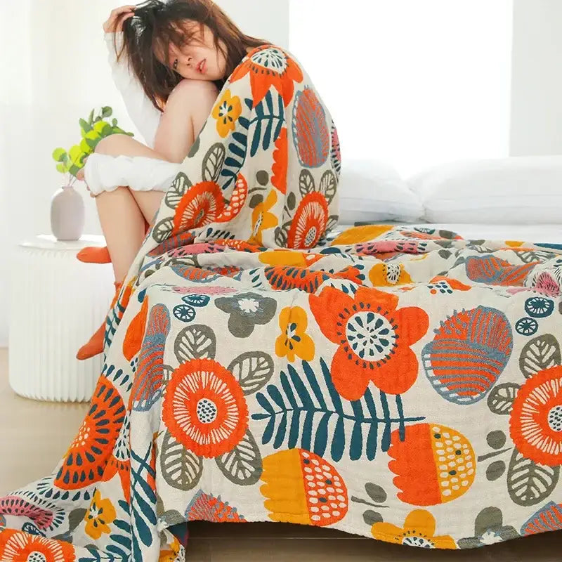 Floral cream double gauze cotton summer blanket bedroom decor