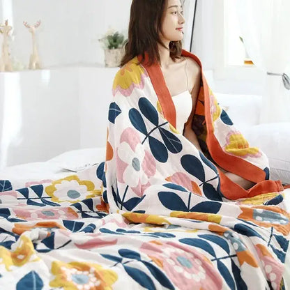 Floral cream double gauze cotton summer blanket bedroom decor