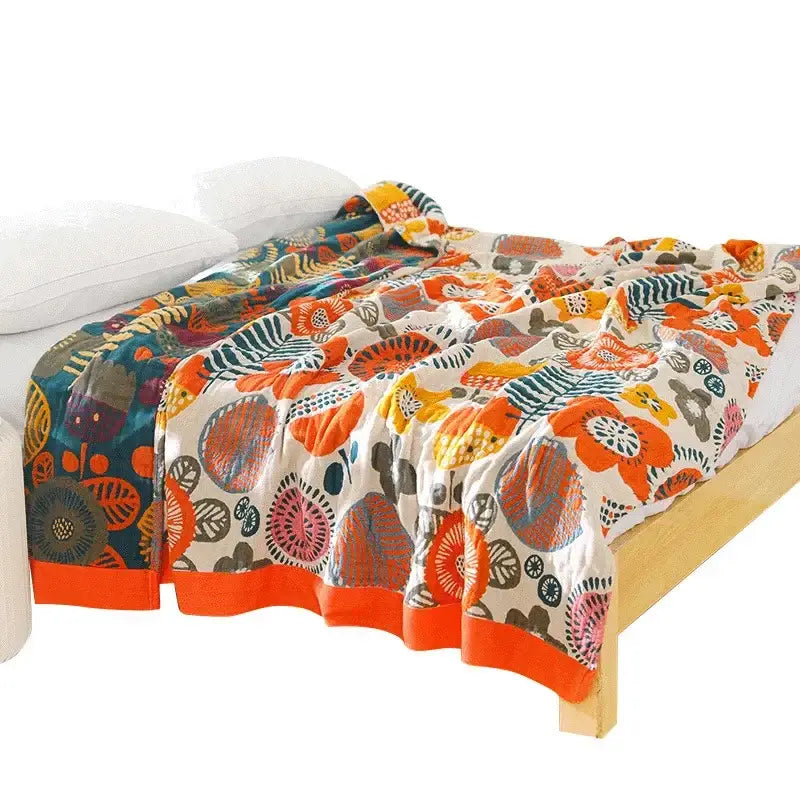 Floral cream double gauze cotton summer blanket bedroom decor