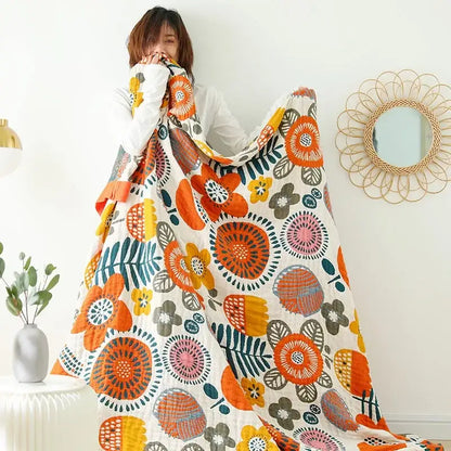 Floral cream double gauze cotton summer blanket bedroom decor