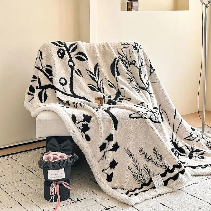Floral cream jacquard lamb wool blanket living room throw