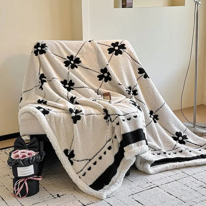 Floral cream jacquard lamb wool blanket living room throw