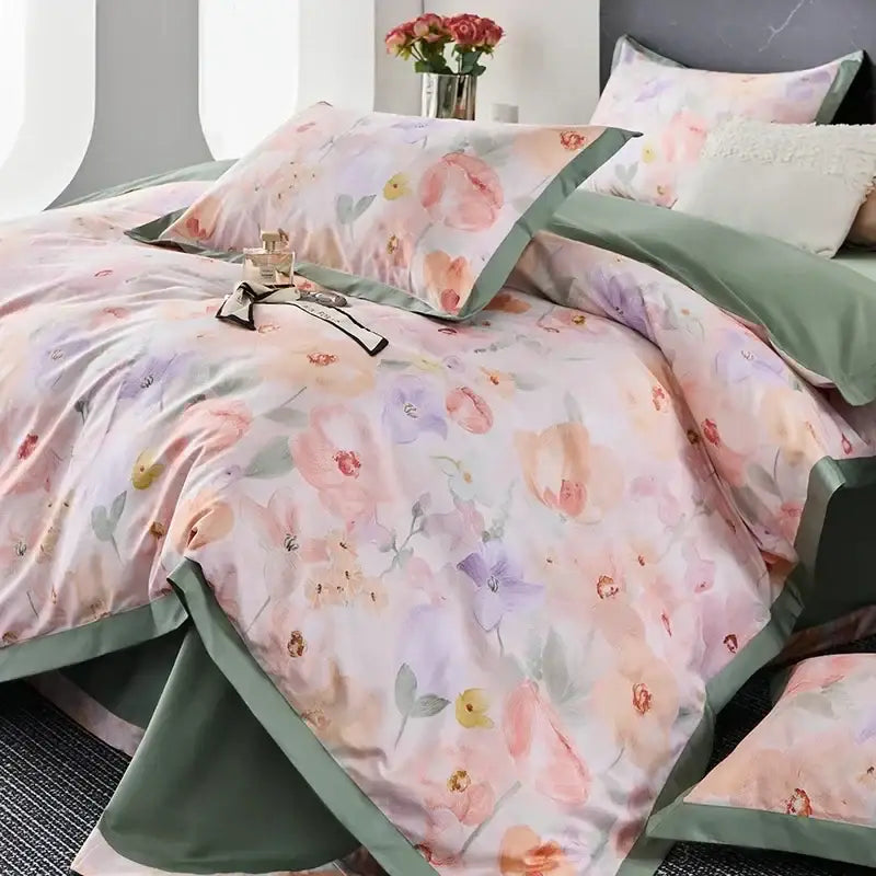 Floral cream & red egyptian cotton bedding set bedroom satin trim