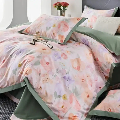 Floral cream & red egyptian cotton bedding set bedroom satin trim