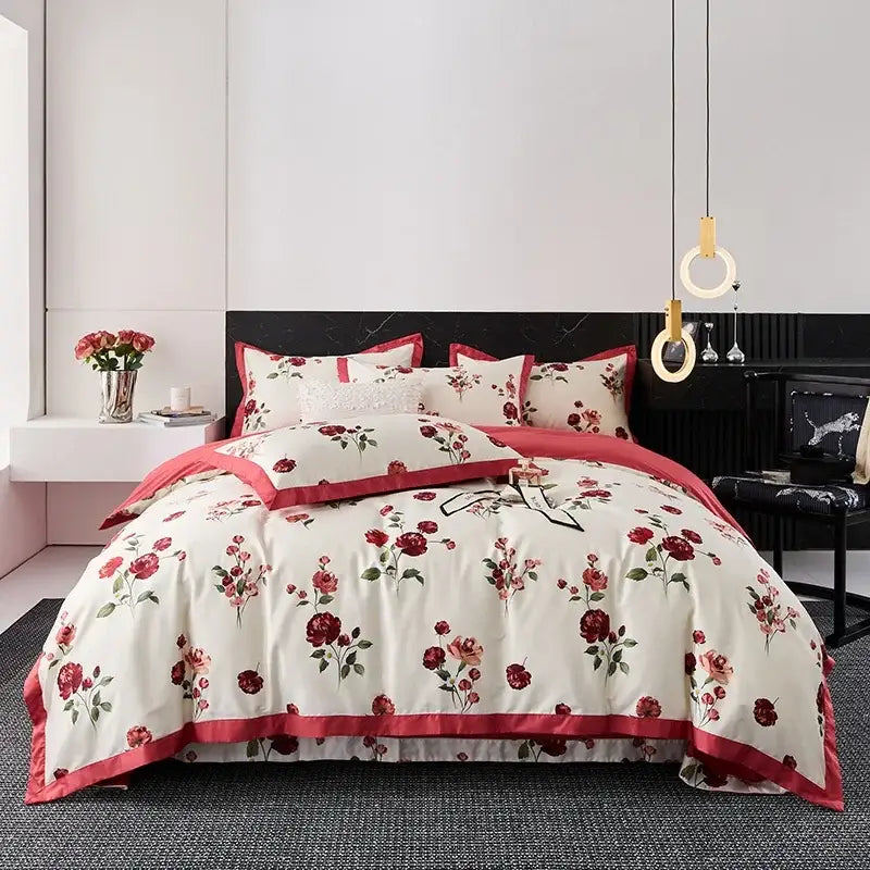 Floral cream & red egyptian cotton bedding set bedroom satin trim