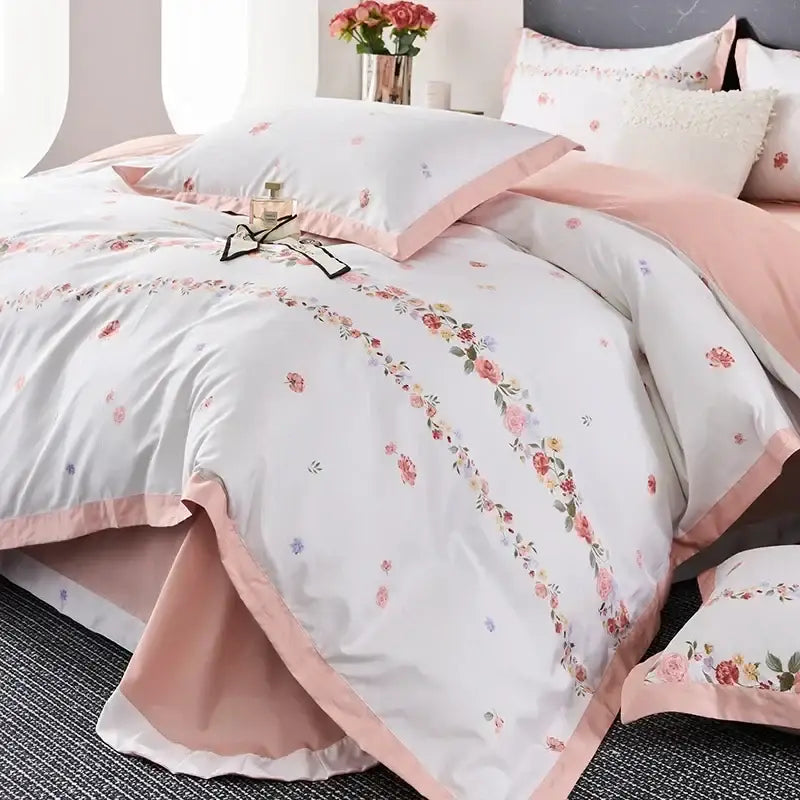 Floral cream & red egyptian cotton bedding set bedroom satin trim
