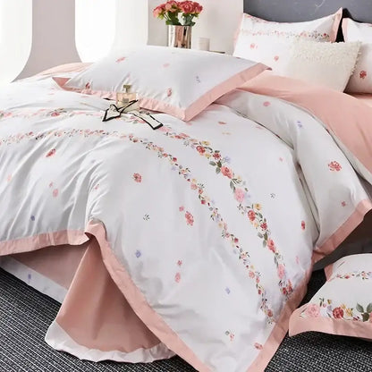 Floral cream & red egyptian cotton bedding set bedroom satin trim