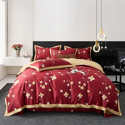 Floral cream & red egyptian cotton bedding set bedroom satin trim