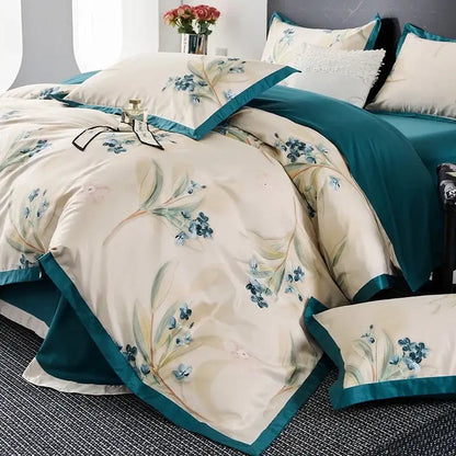 Floral cream & red egyptian cotton bedding set bedroom satin trim