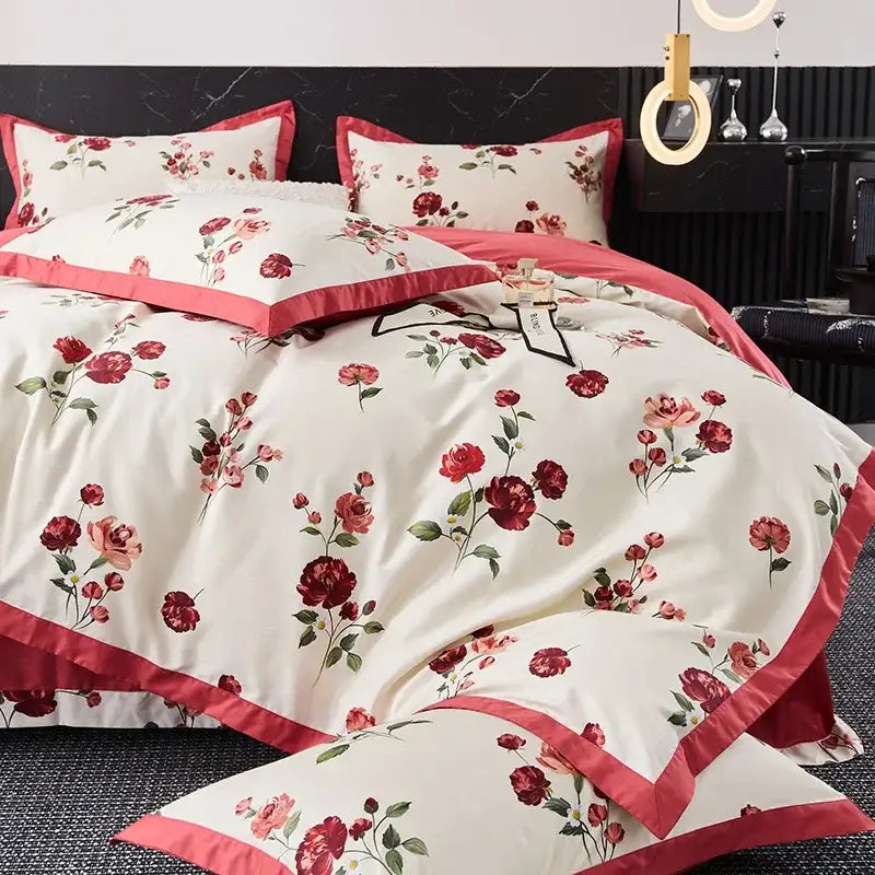 Floral cream & red egyptian cotton bedding set bedroom satin trim