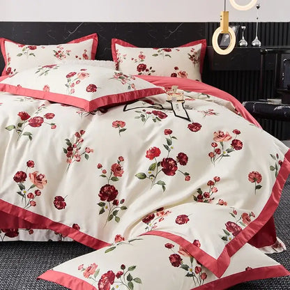 Floral cream & red egyptian cotton bedding set bedroom satin trim