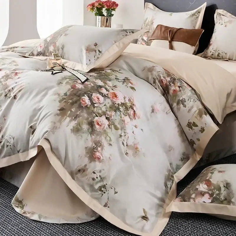 Floral cream & red egyptian cotton bedding set bedroom satin trim