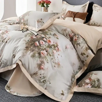 Floral cream & red egyptian cotton bedding set bedroom satin trim