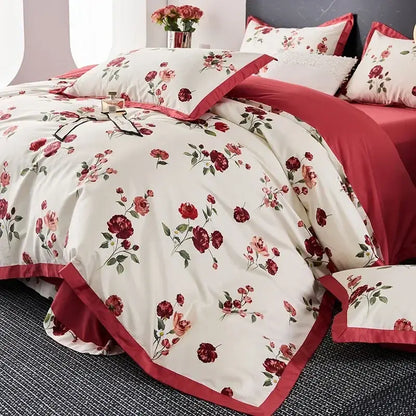 Floral cream & red egyptian cotton bedding set bedroom satin trim