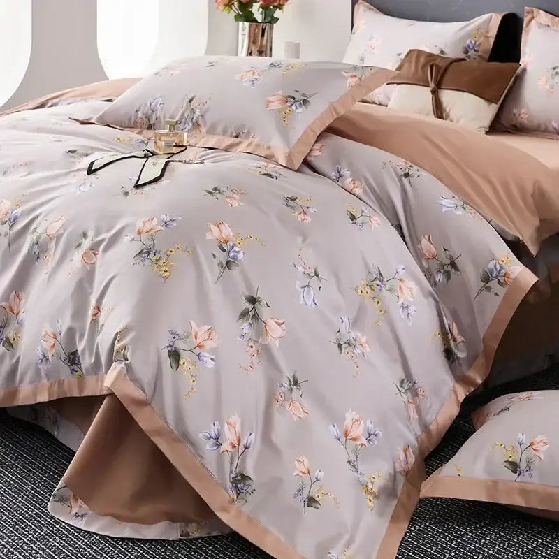 Floral cream & red egyptian cotton bedding set bedroom satin trim