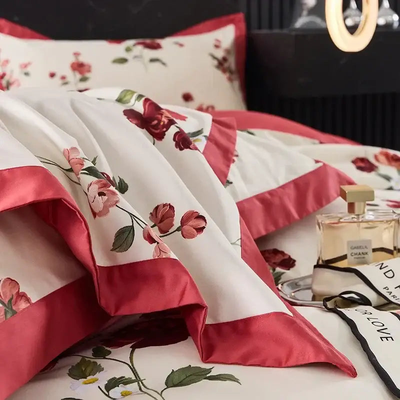 Floral cream & red egyptian cotton bedding set bedroom satin trim