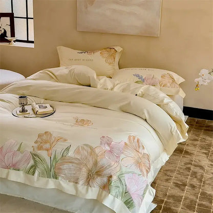 Floral cream satin 100s egyptian cotton bed linens for bedroom