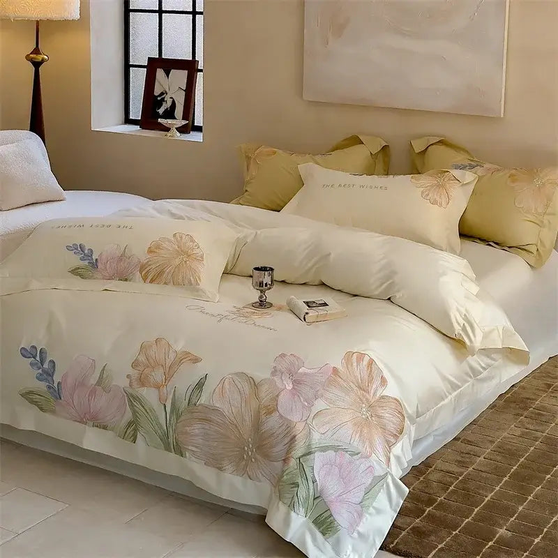Floral cream satin 100s egyptian cotton bed linens for bedroom