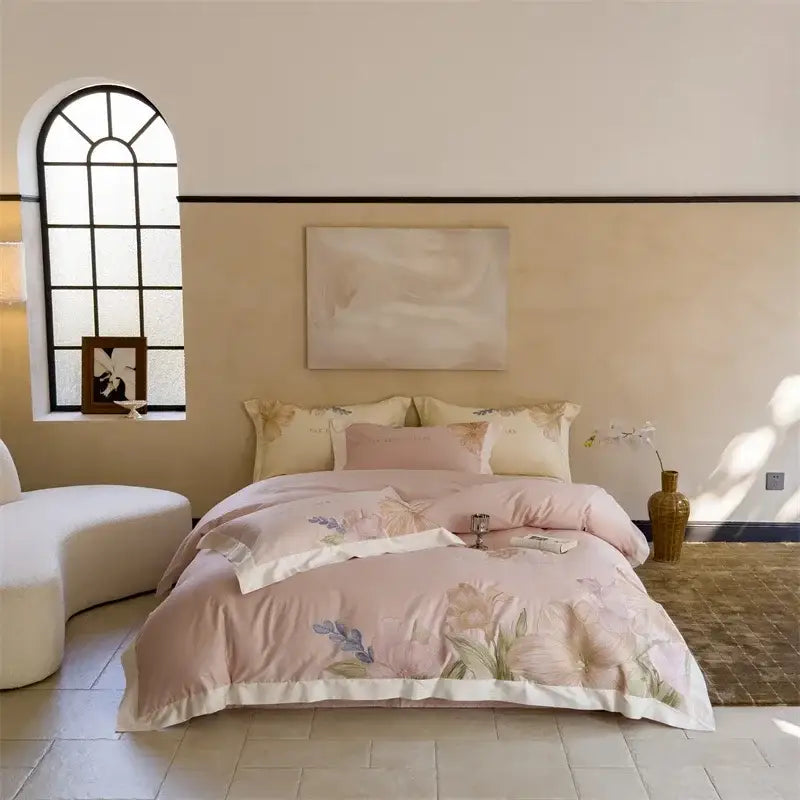 Floral cream satin 100s egyptian cotton bed linens for bedroom