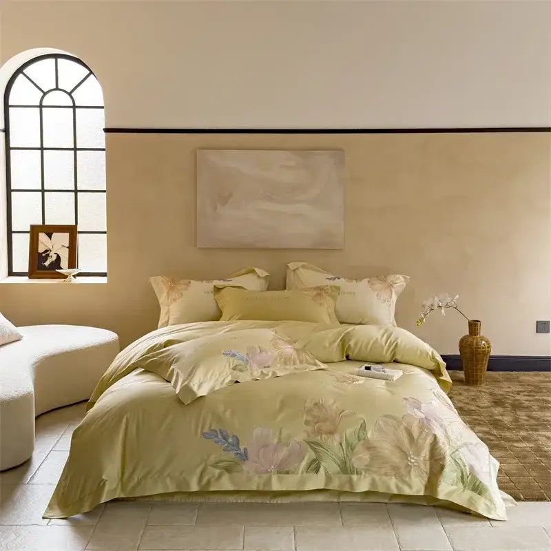 Floral cream satin 100s egyptian cotton bed linens for bedroom
