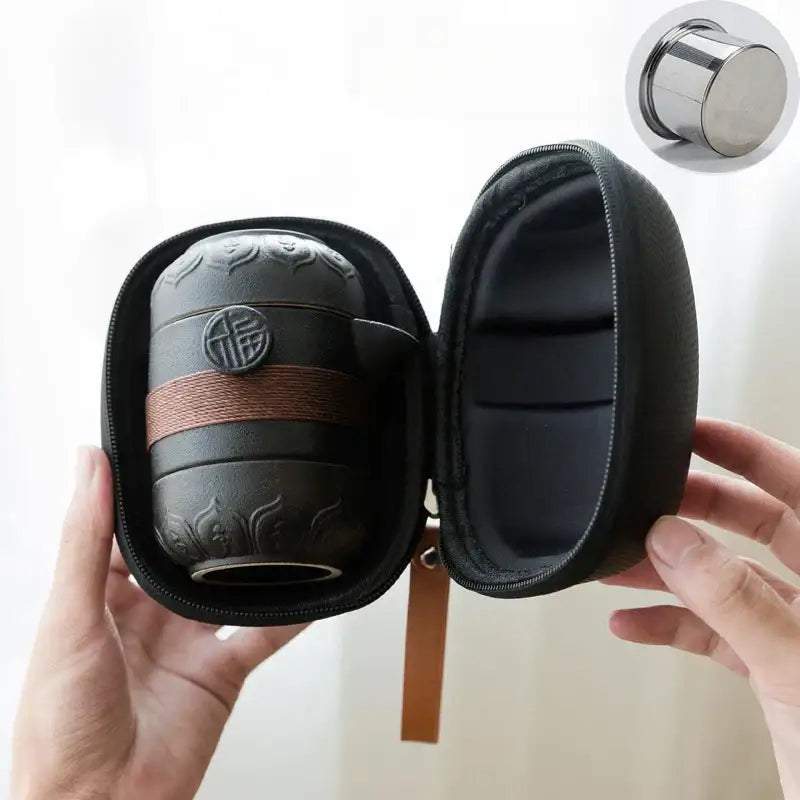 Floral embossed black pottery tea set with travel bag dining room