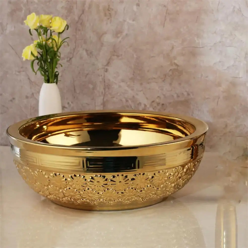 Floral embossed golden ceramic washbasin and brass mixer faucet bathroom set