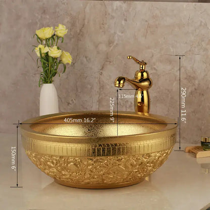 Floral embossed golden ceramic washbasin and brass mixer faucet bathroom set