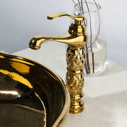 Floral embossed golden ceramic washbasin and brass mixer faucet bathroom set