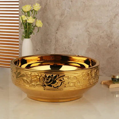 Floral embossed golden ceramic washbasin and brass mixer faucet bathroom set