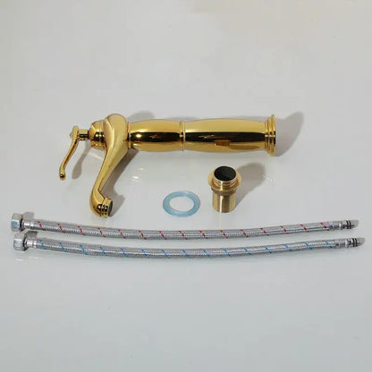 Floral embossed golden ceramic washbasin and brass mixer faucet bathroom set