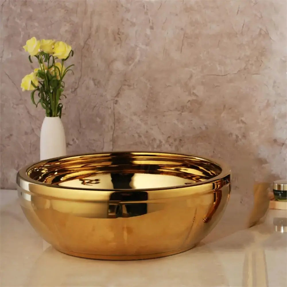 Floral embossed golden ceramic washbasin and brass mixer faucet bathroom set