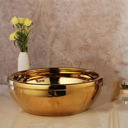 Floral embossed golden ceramic washbasin and brass mixer faucet bathroom set