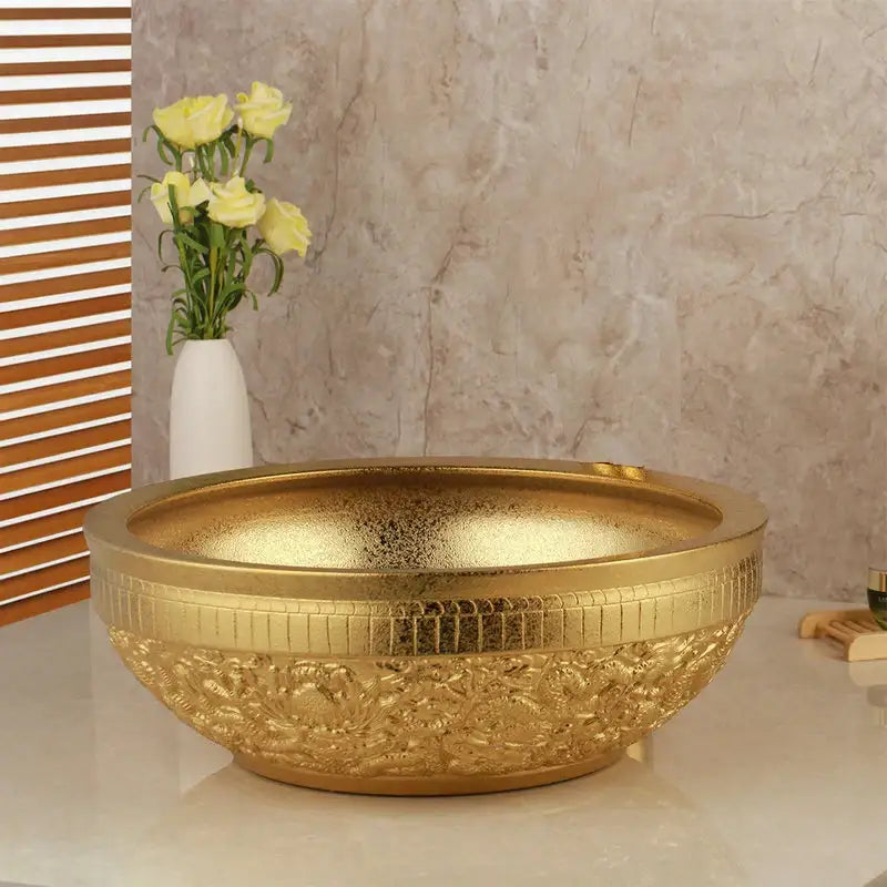 Floral embossed golden ceramic washbasin and brass mixer faucet bathroom set